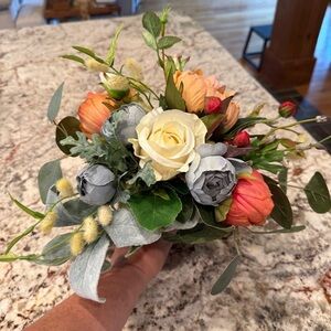 Floral bridal bouquet Arrangement Cream, blue Orange Accents wedding flowers